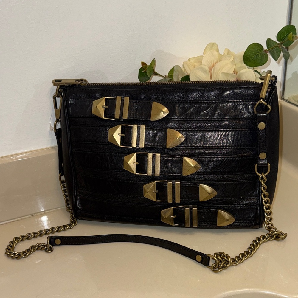 Rebecca Minkoff vintage rare🖤Black Crossbody Bag with Gold Accents